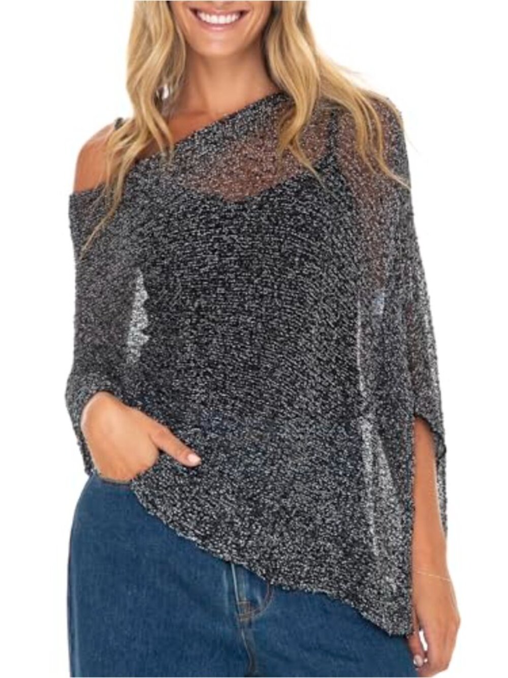 Women's Sheer Metallic Poncho Shrug Sweater Lightweight Knitted Cape Top